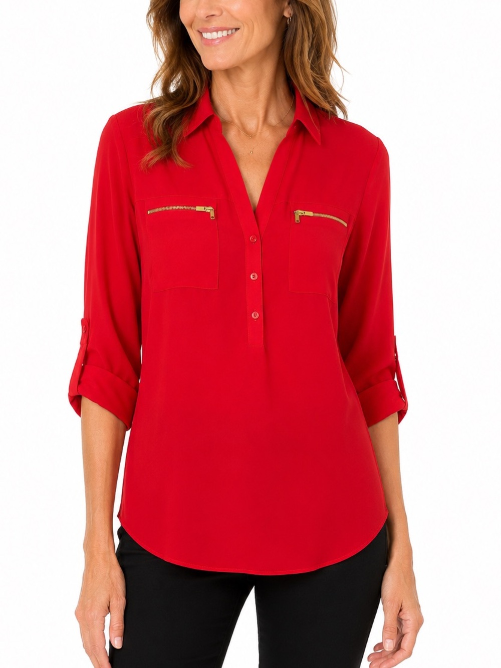 Express Red Popover Blouse Size Medium With Gold Zip Pockets Roll Tab Sleeves